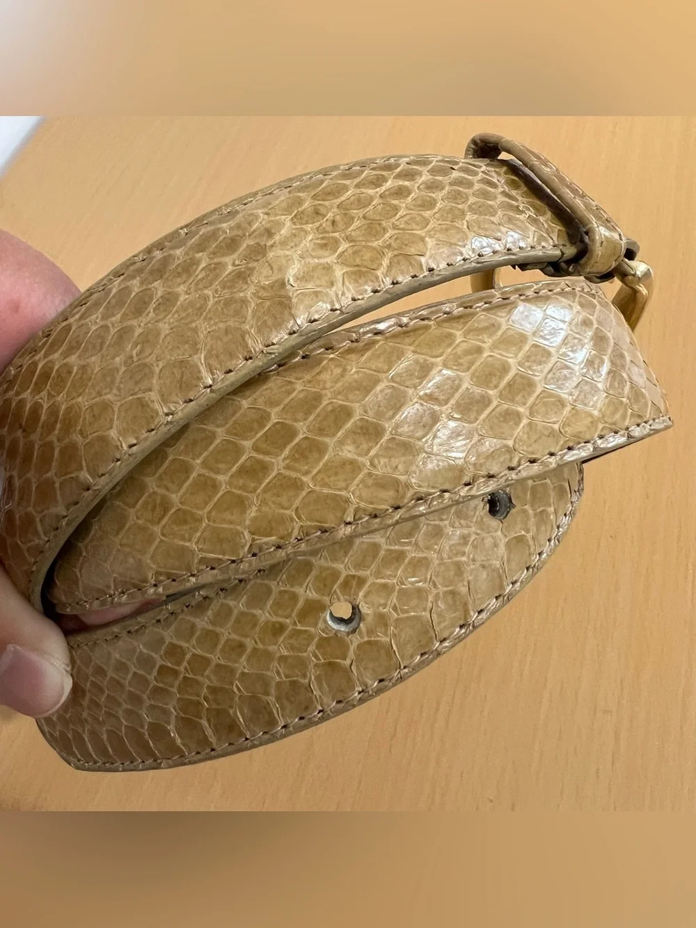 Women's Tan Snake Skin Leather Belt with Gold Buckle Size Small